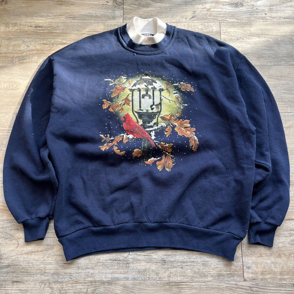 Vintage Sweater Women's XL Blue Bird Winter Festive 90s Granny Cute Cottage